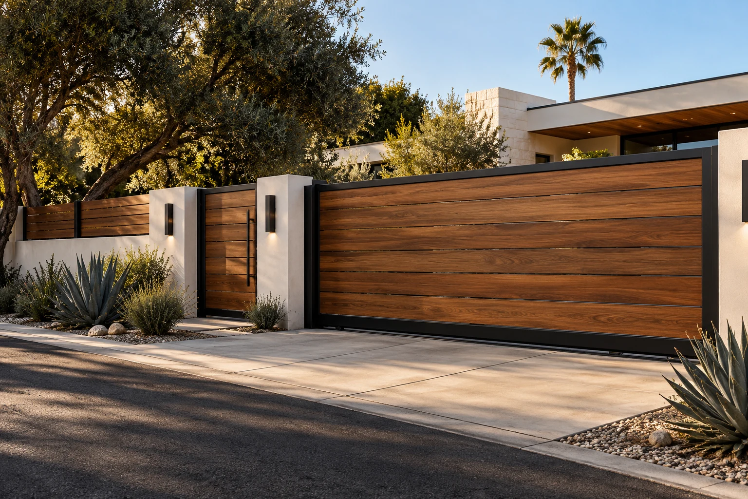 Design inspiration: warm horizontal wood driveway gate with a black steel frame at a modern Southern California home